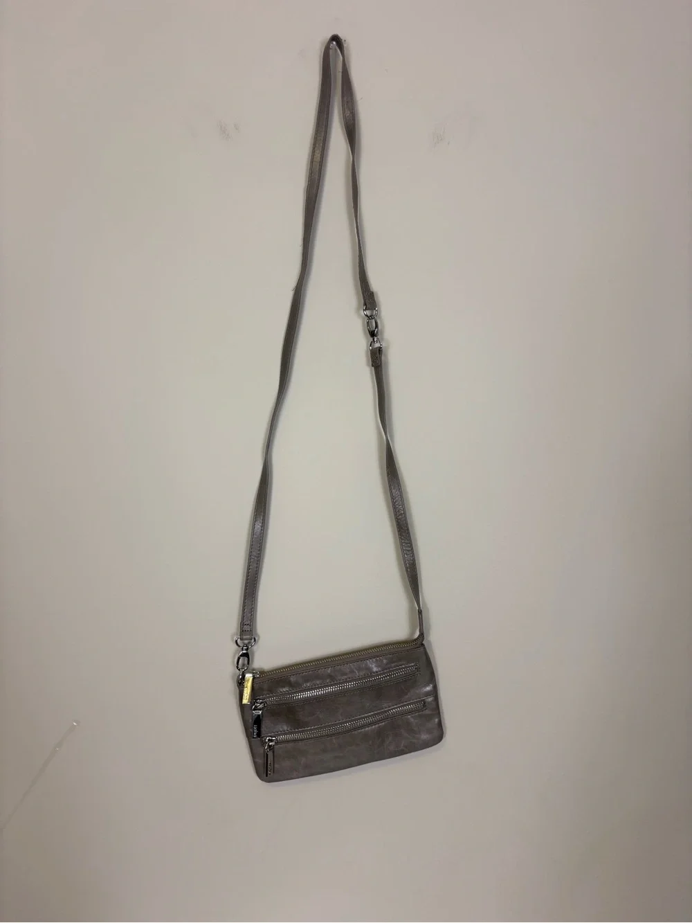 HOBO Gray Leather Crossbody & Shoulder Purse with Dual Zip Pockets on front